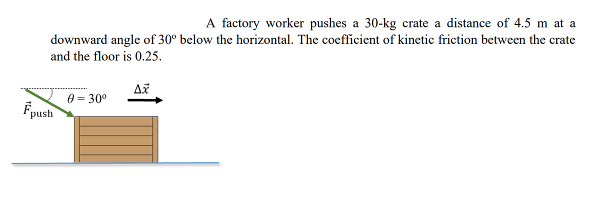 A factory worker pushes a 30-kg crate a distance of 4.5 m at a
downward angle of 30° below the horizontal. The coefficient of kinetic friction between the crate
and the floor is 0.25.
0 = 30°
Fpush
