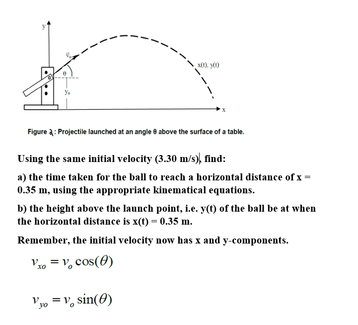 x(t), y(t)
Yo
Figure a: Projectile launched at an angle 0 above the surface of a table.
Using the same initial velocity (3.30 m/s), find:
a) the time taken for the ball to reach a horizontal distance of x =
0.35 m, using the appropriate kinematical equations.
b) the height above the launch point, i.e. y(t) of the ball be at when
the horizontal distance is x(t) = 0.35 m.
Remember, the initial velocity now has x and y-components.
Vxo = V, cos(0)
Vyo = V, sin(0)
