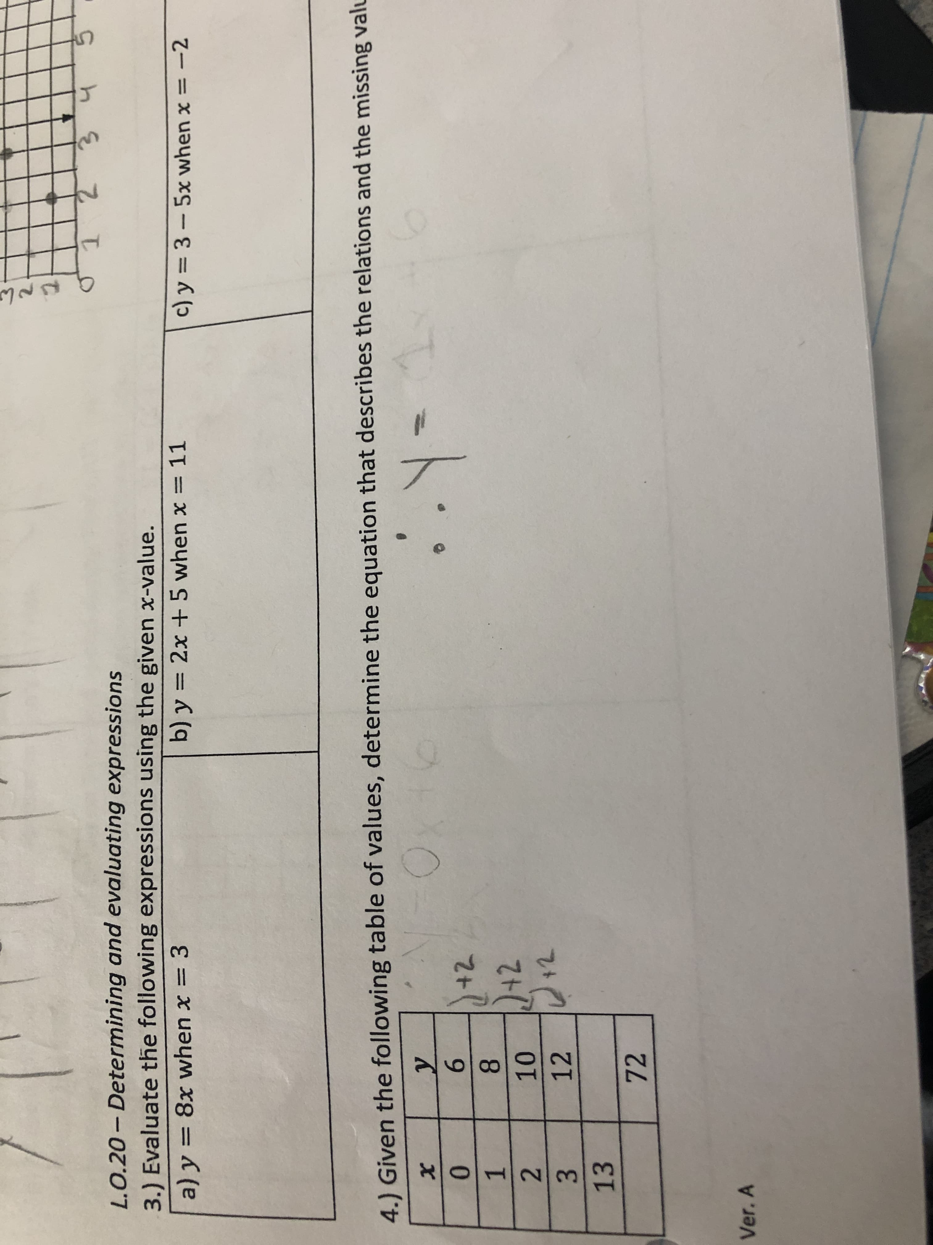 1
1 2
3 4
L.O.20-Determining and evaluating expressions
3.) Evaluate the following expressions using the given x-value.
a) y = 8x when x = 3
b) y = 2x + 5 when x = 11
c) y = 3-5x when x = -2
4.) Given the following table of values, determine the equation that describes the relations and the missing valu
X
y
0x+6
6
• . Y =
8
(+2
+2
10
2+2
12
Ver. A
0123
13
2
72