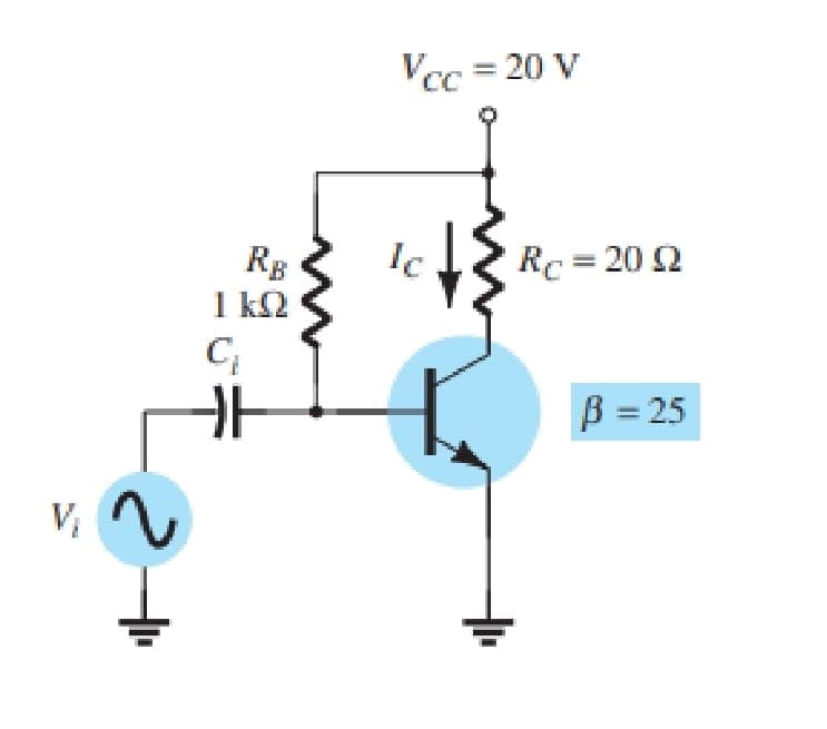 Vcc = 20 V
Ic
Rg
1 k2
Rc = 20 2
B = 25
V,
2
