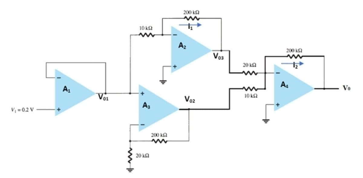 200 k2
10 k2
Az
200 k2
Vo3
20 ka
Vo
10 k2
Voz
A3
V, = 0.2 V
200 kN
20 kn
