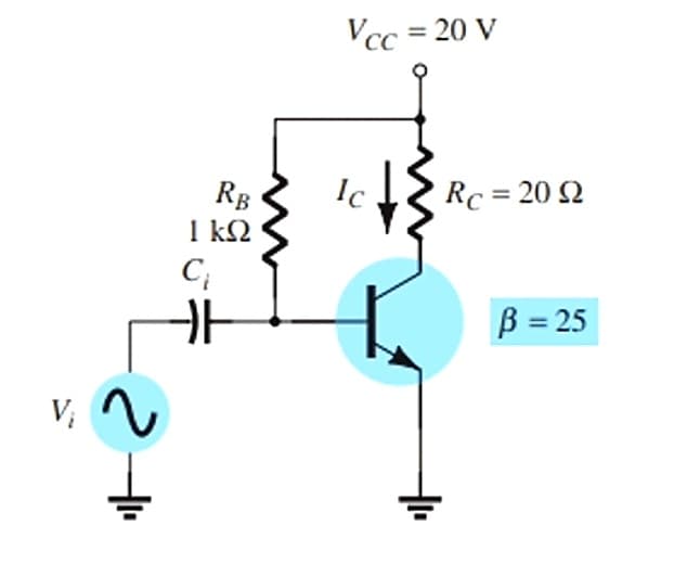 Vcc = 20 V
RB
I k2
Rc = 20 2
Ic
B = 25
V;
