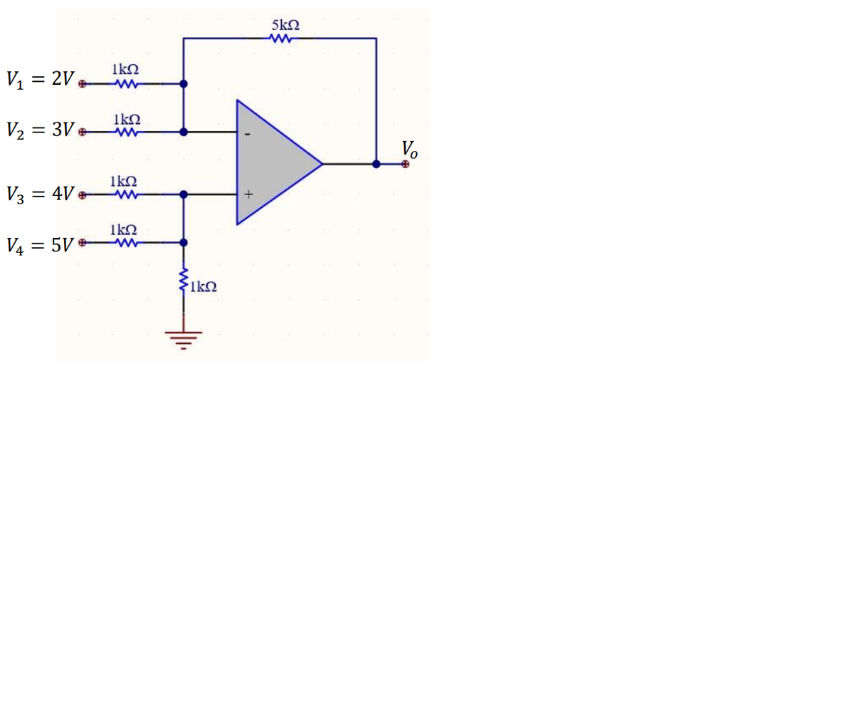 5kN
1k2
V1 = 2V
%3D
1kO
V2 = 3V W
V.
1kn
V3 = 4V e
1ko
V4 = 5V
1k2
두
