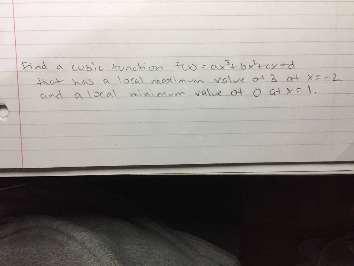 Find a cubic tunchion feo=ax³tbxtex+d
that has a local maximum valve ot 3 at X=-2
and alocal
minimum value of o at x =I.
