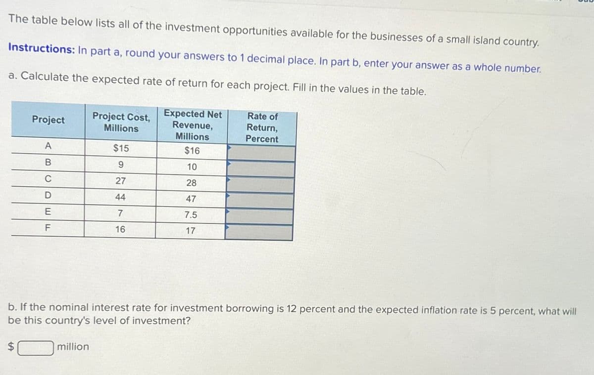 The table below lists all of the investment opportunities available for the businesses of a small island country.
Instructions: In part a, round your answers to 1 decimal place. In part b, enter your answer as a whole number.
a. Calculate the expected rate of return for each project. Fill in the values in the table.
Project
LA
A
B
C
D
E
F
Project Cost,
Millions
million
$15
9
27
44
7
16
Expected Net
Revenue,
Millions
$16
10
28
47
7.5
17
b. If the nominal interest rate for investment borrowing is 12 percent and the expected inflation rate is 5 percent, what will
be this country's level of investment?
Rate of
Return,
Percent