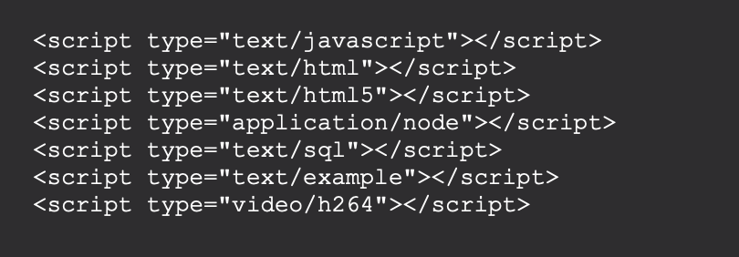 <script type="text/javascript"></script>
<script type="text/html"></script>
<script type="text/html5"></script>
<script type="application/node"></script>
<script type="text/sql"></script>
<script type="text/example"></script>
<script type="video/h264"></script>
