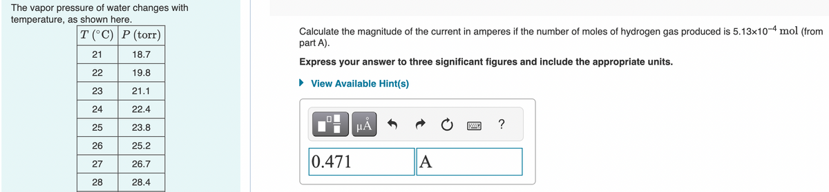 The vapor pressure of water changes with
temperature, as shown here.
T (°C) P (torr)
21
18.7
22
19.8
23
21.1
24
22.4
25
23.8
26
25.2
27
26.7
28
28.4
Calculate the magnitude of the current in amperes if the number of moles of hydrogen gas produced is 5.13x10-4 mol (from
part A).
Express your answer to three significant figures and include the appropriate units.
► View Available Hint(s)
0.471
μÅ
A
Ć
?