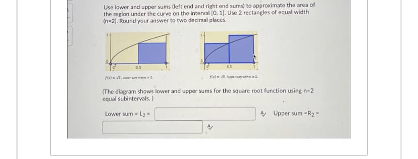 Use lower and upper sums (left end and right end sums) to approximate the area of
the region under the curve on the interval [0, 1]. Use 2 rectangles of equal width
(n=2). Round your answer to two decimal places.
0.5
f(x)=√ Lower sum with 2
f(x)=√, Uppersum with = 2
(The diagram shows lower and upper sums for the square root function using n=2
equal subintervals.)
Lower sum = L2 =
A Upper sum=R₂ =