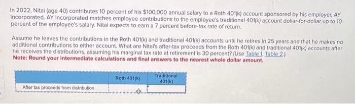 In 2022, Nitai (age 40) contributes 10 percent of his $100,000 annual salary to a Roth 401(k) account sponsored by his employer, AY
Incorporated. AY Incorporated matches employee contributions to the employee's traditional 401(k) account dollar-for-dollar up to 10
percent of the employee's salary. Nital expects to earn a 7 percent before-tax rate of return.
Assume he leaves the contributions in the Roth 401(k) and traditional 401(k) accounts until he retires in 25 years and that he makes no
additional contributions to either account. What are Nital's after-tax proceeds from the Roth 401(k) and traditional 401(k) accounts after
he receives the distributions, assuming his marginal tax rate at retirement is 30 percent? (Use Table 1. Table 2.)
Note: Round your intermediate calculations and final answers to the nearest whole dollar amount.
After tax proceeds from distribution
Roth 401(k)
Traditional
401(k)