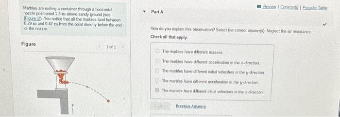 Marbles are exiting a container through a horizontal
nozzle positioned 1.3 m above sandy ground (see
(Eigure 1)) You notice that all the marbles land between
0.29 m and 0.47 m from the point directly below the end i
of the nozzle
Figure
1 of 1
Part A
Review | Constants | Periodic Table
How do you explain this observation? Select the correct answer(s) Neglect the air resistance.
Check all that apply.
The marbles have different masses.
The marbles have different acceleration in the
r
direction
The marbles have different initial velocities in the y-direction.
The marbles have different acceleration in the y-direction
The marbles have different initial velocities in the ar-direction
Previoun Answers