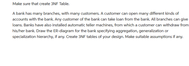 Make sure that create 3NF Table.
A bank has many branches, with many customers. A customer can open many different kinds of
accounts with the bank. Any customer of the bank can take loan from the bank. All branches can give
loans. Banks have also installed automatic teller machines, from which a customer can withdraw from
his/her bank. Draw the ER-diagram for the bank specifying aggregation, generalization or
specialization hierarchy, if any. Create 3NF tables of your design. Make suitable assumptions if any.