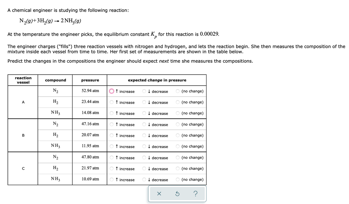 A chemical engineer is studying the following reaction:
N2(9)+3H,(g) → 2NH,(g)
At the temperature the engineer picks, the equilibrium constant K, for this reaction is 0.00029.
The engineer charges ("fills") three reaction vessels with nitrogen and hydrogen, and lets the reaction begin. She then measures the composition of the
mixture inside each vessel from time to time. Her first set of measurements are shown in the table below.
Predict the changes in the compositions the engineer should expect next time she measures the compositions.
reaction
compound
pressure
expected change in pressure
vessel
N2
52.94 atm
f increase
OI decrease
(no change)
H2
23.44 atm
O t increase
OI decrease
O (no change)
A
NH3
14.08 atm
O t increase
I decrease
(no change)
N2
47.16 atm
O f increase
I decrease
(no change)
В
H2
20.07 atm
O f increase
O I decrease
(no change)
NH3
11.95 atm
O f increase
OI decrease
(no change)
N2
47.80 atm
O f increase
OI decrease
(no change)
H2
21.97 atm
O f increase
OI decrease
(no change)
NH3
10.69 atm
O f increase
OI decrease
(no change)
