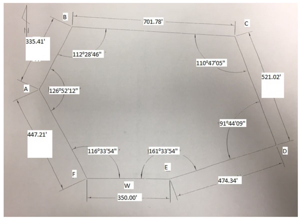 335.41'
A
447.21'
B
112°28'46"
126°52'12"
F
116°33'54"
W
350.00¹
701.78'
1161°33'54"
E
110°47'05"
C
91°44'09"
474.34'
521.02¹
D