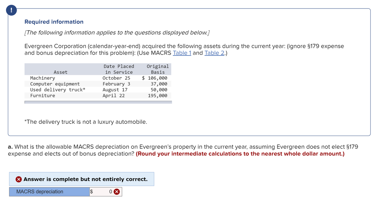 !
Required information
[The following information applies to the questions displayed below.]
Evergreen Corporation (calendar-year-end) acquired the following assets during the current year: (ignore §179 expense
and bonus depreciation for this problem): (Use MACRS Table 1 and Table 2.)
Date Placed
Original
Asset
in Service
Basis
Machinery
Computer equipment
Used delivery truck*
$ 106,000
37,000
50,000
195,000
October 25
February 3
August 17
April 22
Furniture
*The delivery truck is not a luxury automobile.
a. What is the allowable MACRS depreciation on Evergreen's property in the current year, assuming Evergreen does not elect §179
expense and elects out of bonus depreciation? (Round your intermediate calculations to the nearest whole dollar amount.)
X Answer is complete but not entirely correct.
MACRS depreciation
