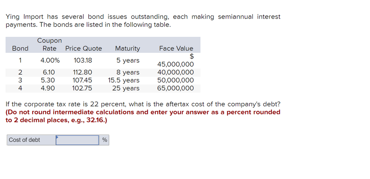 Ying Import has several bond issues outstanding, each making semiannual interest
payments. The bonds are listed in the following table.
Coupon
Rate
Bond
Price Quote
Maturity
Face Value
24
45,000,000
40,000,000
50,000,000
65,000,000
1
4.00%
103.18
5 years
6.10
8 years
15.5 years
25 years
2
112.80
3.
5.30
107.45
4
4.90
102.75
If the corporate tax rate is 22 percent, what is the aftertax cost of the company's debt?
(Do not round intermediate calculations and enter your answer as a percent rounded
to 2 decimal places, e.g.., 32.16.)
Cost of debt
%
