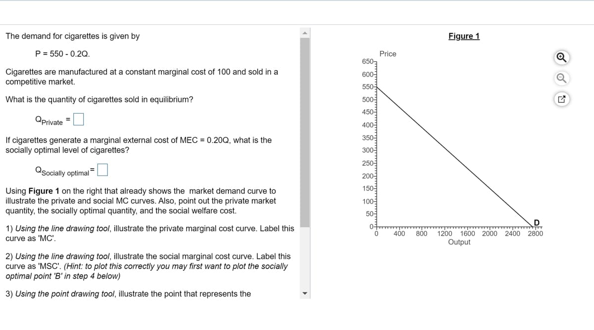 The demand for cigarettes is given by
Figure 1
P = 550 - 0.2Q.
Price
650-
Cigarettes are manufactured at a constant marginal cost of 100 and sold in a
600-
550
competitive market.
500여
450
What is the quantity of cigarettes sold in equilibrium?
Oprivate =U
400여
350-
If cigarettes generate a marginal external cost of MEC = 0.20Q, what is the
socially optimal level of cigarettes?
300
250-
Qsocially optimal=
200여
150
Using Figure 1 on the right that already shows the market demand curve to
illustrate the private and social MC curves. Also, point out the private market
quantity, the socially optimal quantity, and the social welfare cost.
100
50
D
0-
1) Using
curve as 'MC'.
line drawing tool, illustrate the private marginal cost curve. Label this
400
800
1200 1600 2000 2400 2800
Output
2) Using the line drawing tool, illustrate the social marginal cost curve. Label this
curve as 'MSC'. (Hint: to plot this correctly you may first want to plot the socially
optimal point 'B' in step 4 below)
3) Using the point drawing tool, illustrate the point that represents the
