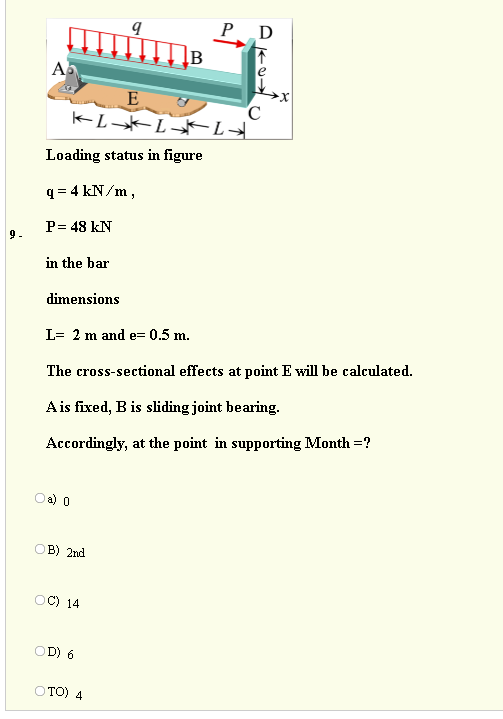 P
D
A
le
C
Loading status in figure
q = 4 kN/m,
P= 48 kN
9 -
in the bar
dimensions
L= 2 m and e= 0.5 m.
The cross-sectional effects at point E will be calculated.
Ais fixed, B is sliding joint bearing.
Accordingly, at the point in supporting Month =?
Oa) 0
OB) 2nd
OC) 14
OD) 6
O TO) 4
