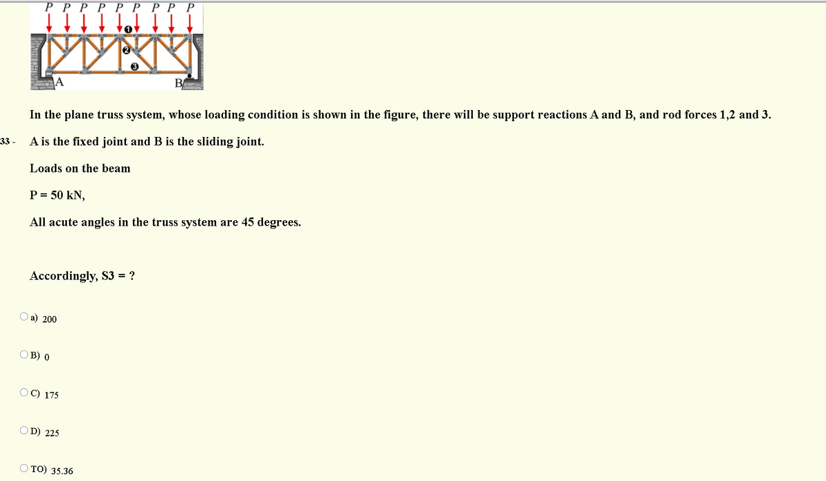 РРРР РРР Р Р
B
In the plane truss system, whose loading condition is shown in the figure, there will be support reactions A and B, and rod forces 1,2 and 3.
33 -
A is the fixed joint and B is the sliding joint.
Loads on the beam
P = 50 kN,
All acute angles in the truss system are 45 degrees.
Accordingly, S3 = ?
О а) 200
O B) 0
O C) 175
O D) 225
O TO) 35.36
