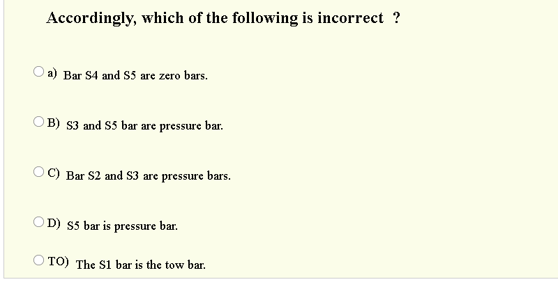 Accordingly, which of the following is incorrect ?
a) Bar S4 and S5 are zero bars.
O B) S3 and S5 bar are pressure bar.
O C) Bar S2 and S3 are pressure bars.
O D) S5 bar is pressure bar.
O TO) The S1 bar is the tow bar.
