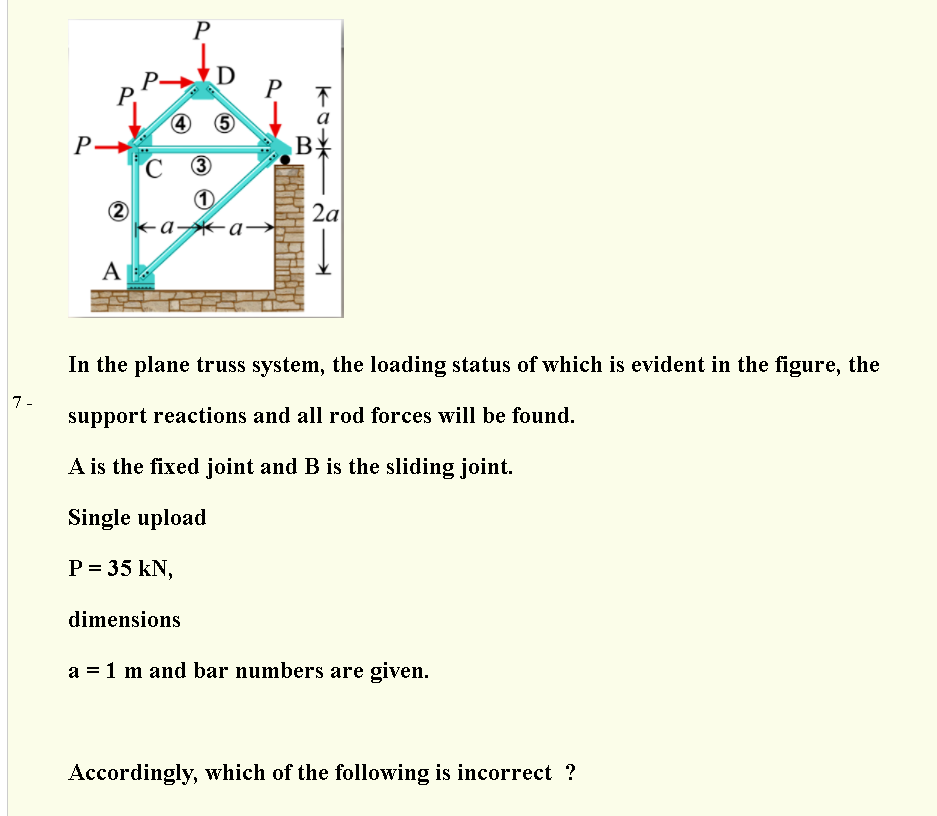 P
P→D
P
P.
4
不
а
B
P-
2
+a- a→
2a
A
In the plane truss system, the loading status of which is evident in the figure, the
7 -
support reactions and all rod forces will be found.
A is the fixed joint and B is the sliding joint.
Single upload
P = 35 kN,
dimensions
a = 1 m and bar numbers are given.
Accordingly, which of the following is incorrect ?
