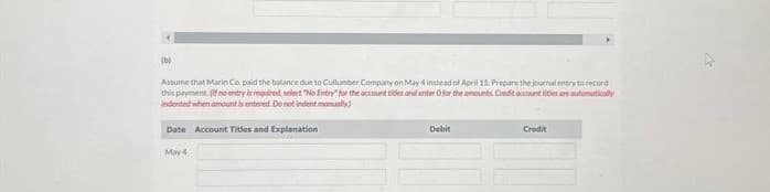 (b)
Assume that Marin Co. paid the balance due to Cullumber Company on May 4 imbead of April 15. Prepare the journal entry to record
this payment. (If no entry is required, select "No Entry for the account titles and enter O for the amounts Credit account titles are automatically
Indented when amount is entered. Do not indent manually)
Date Account Titles and Explanation
May 4
Debit
Credit