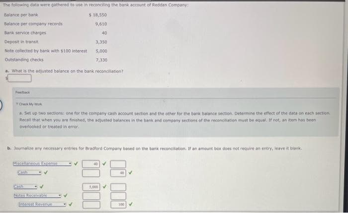 The following data were gathered to use in reconciling the bank account of Reddan Company:
Balance per bank
$ 18,550
Balance per company records
9,610
Bank service charges
Deposit in transit
Note collected by bank with $100 interest
Outstanding checks
a. What is the adjusted balance on the bank reconciliation?
Feedback
Check My Work
a. Set up two sections: one for the company cash account section and the other for the bank balance section. Determine the effect of the data on each section.
Recall that when you are finished, the adjusted balances in the bank and company sections of the reconciliation must be equal. If not, an item has been
overlooked or treated in error.
Miscellaneous Expense
b. Journalize any necessary entries for Bradford Company based on the bank reconciliation. If an amount box does not require an entry, leave it blank.
DV
Cash
Notes Receivable
40
Interest Revenue
3,350
5,000
7,330
✓
5,000 ✓
000
100