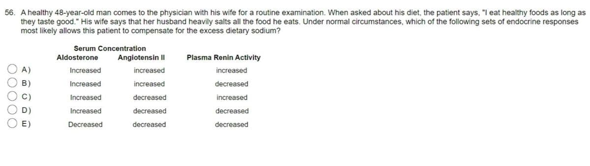 56. A healthy 48-year-old man comes to the physician with his wife for a routine examination. When asked about his diet, the patient says, "I eat healthy foods as long as
they taste good." His wife says that her husband heavily salts all the food he eats. Under normal circumstances, which of the following sets of endocrine responses
most likely allows this patient to compensate for the excess dietary sodium?
Serum Concentration
Aldosterone
Angiotensin II
Plasma Renin Activity
A)
Increased
increased
increased
B)
Increased
increased
decreased
C)
Increased
decreased
increased
D)
Increased
decreased
decreased
E)
Decreased
decreased
decreased
O O O O O