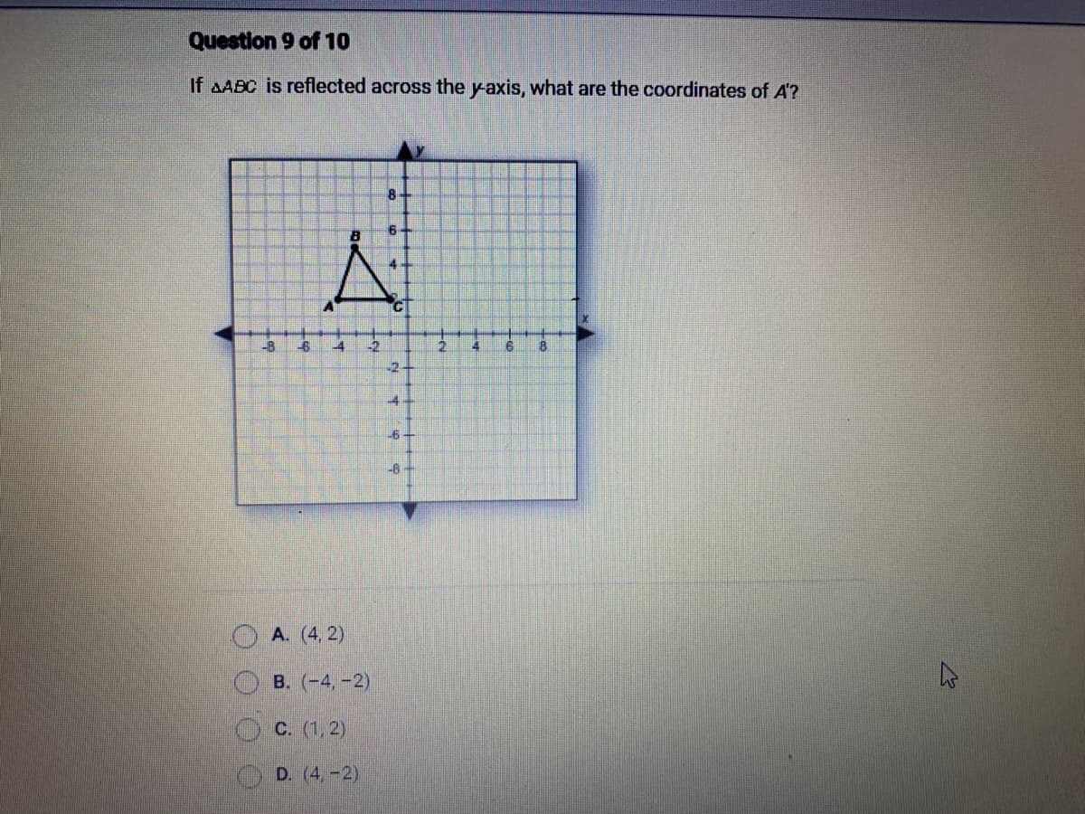 Question 9 of 10
If AABC is reflected across the y-axis, what are the coordinates of A'?
00
-B
-6
-4 -2
4
A. (4,2)
B. (-4,-2)
C. (1,2)
8
D. (4, -2)
6-
-2-
4
-6
2
4
G
8