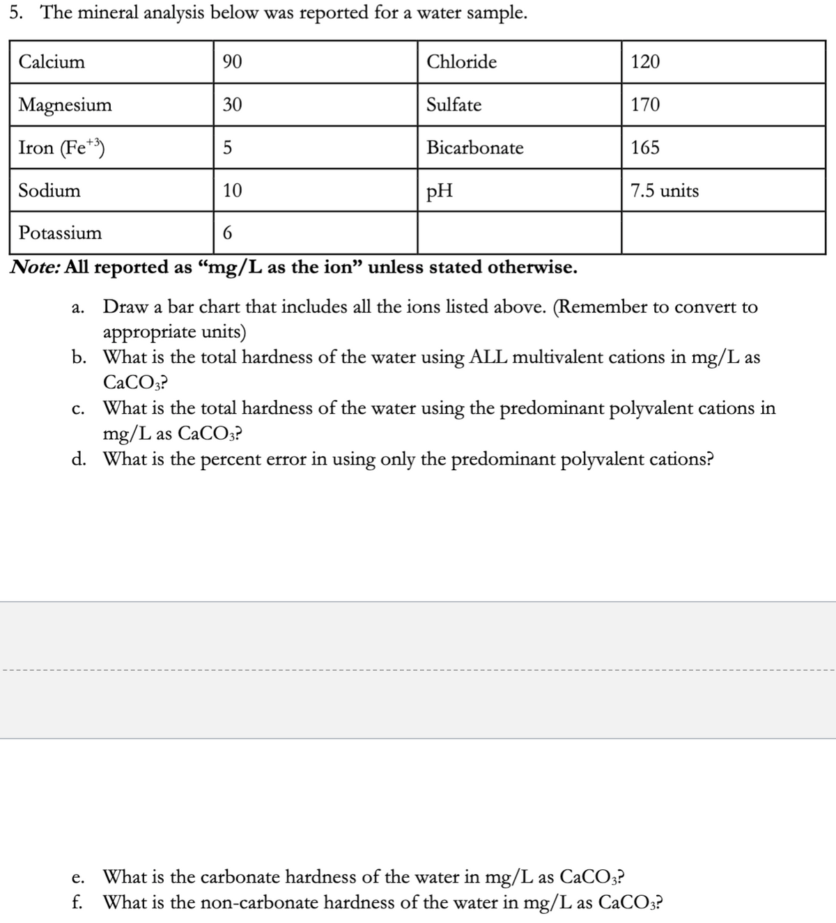 5. The mineral analysis below was reported for a water sample.
Calcium
90
Chloride
120
Magnesium
30
Sulfate
170
Iron (Fe**)
5
Bicarbonate
165
Sodium
10
pH
7.5 units
Potassium
6.
Note: All reported as "mg/L as the ion" unless stated otherwise.
Draw a bar chart that includes all the ions listed above. (Remember to convert to
appropriate units)
b. What is the total hardness of the water using ALL multivalent cations in mg/L as
а.
CACO3?
c. What is the total hardness of the water using the predominant polyvalent cations in
mg/L as CaCO3?
d. What is the percent error in using only the predominant polyvalent cations?
e. What is the carbonate hardness of the water in mg/L as CaCO3?
f. What is the non-carbonate hardness of the water in mg/L as CACO3?
