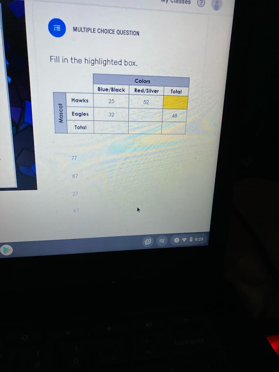 Classes
MULTIPLE CHOICE QUESTION
Fill in the highlighted box.
Colors
Blue/Black
Red/Silver
Total
Hawks
25
52
Eagles
32
48
Total
77
87
27
67
O 9 O 9:29
Mascot
