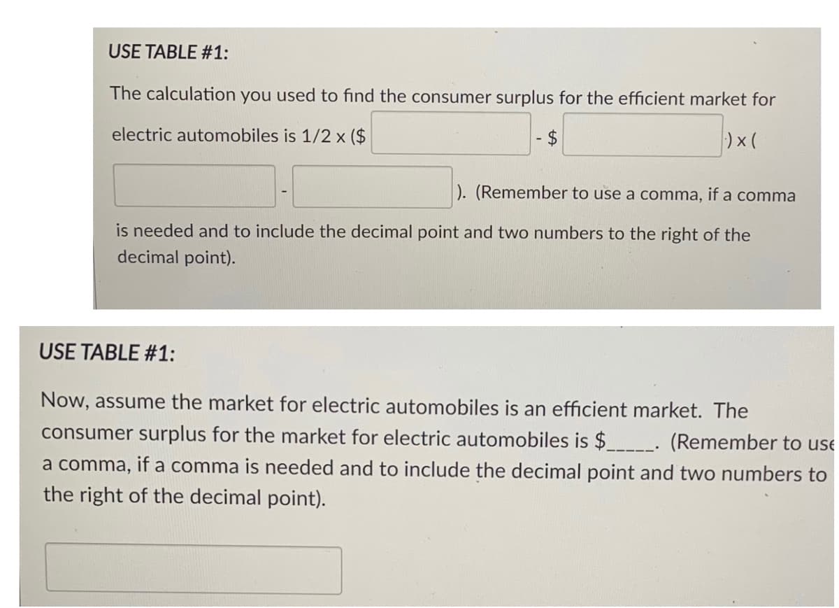 USE TABLE #1:
The calculation
you used to find the consumer surplus for the efficient market for
electric automobiles is 1/2 x ($
) x (
). (Remember to use a comma, if a comma
is needed and to include the decimal point and two numbers to the right of the
decimal point).
USE TABLE #1:
Now, assume the market for electric automobiles is an efficient market. The
consumer surplus for the market for electric automobiles is $ . (Remember to use
a comma,
if a comma is needed and to include the decimal point and two numbers to
the right of the decimal point).
