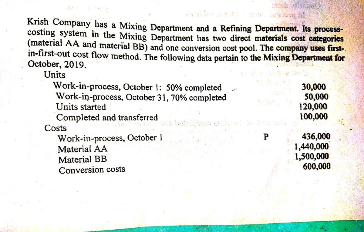 Krish Company has a Mixing Department and a Refining Department. Its process
costing system in the Mixing Department has two direct materials cost categories
(materiał AA and material BB) and one conversion cost pool. The company uses first-.
in-first-out cost flow method. The following data pertain to the Mixing Department for
October, 2019.
Units
Work-in-process, October 1: 50% completed
Work-in-process, October 31, 70% completed
Units started
30,000
50,000
120,000
100,000
Completed and transferred
Costs
Work-in-process, October 1
Material AA
436,000
1,440,000
1,500,000
600,000
Material BB
Conversion costs
