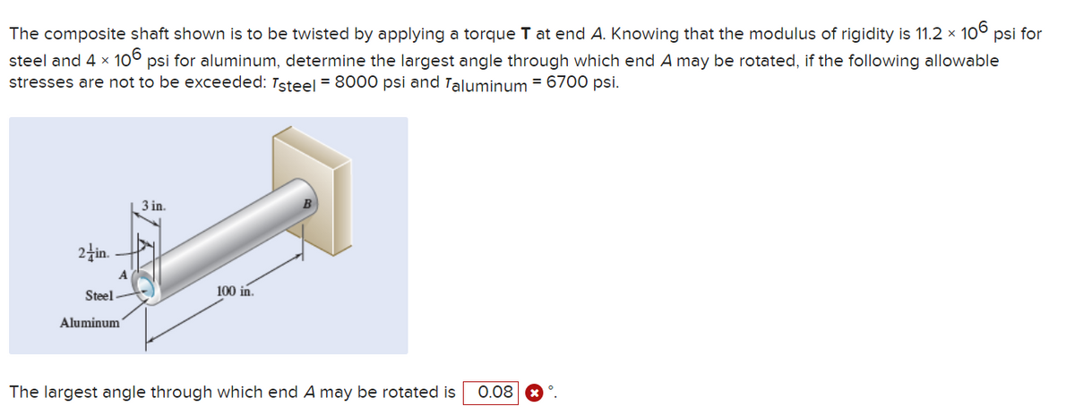 The composite shaft shown is to be twisted by applying a torque T at end A. Knowing that the modulus of rigidity is 11.2 x 106 psi for
steel and 4 x 106 psi for aluminum, determine the largest angle through which end A may be rotated, if the following allowable
stresses are not to be exceeded: steel = 8000 psi and Taluminum = 6700 psi.
2-in.
Steel
A
Aluminum
3 in.
100 in.
The largest angle through which end A may be rotated is 0.08