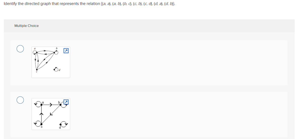 Identify the directed graph that represents the relation {(a, a),(a, b), (b, c), (c, b), (c, d), (d, a), (d, b)}.
Multiple Choice
b
azº