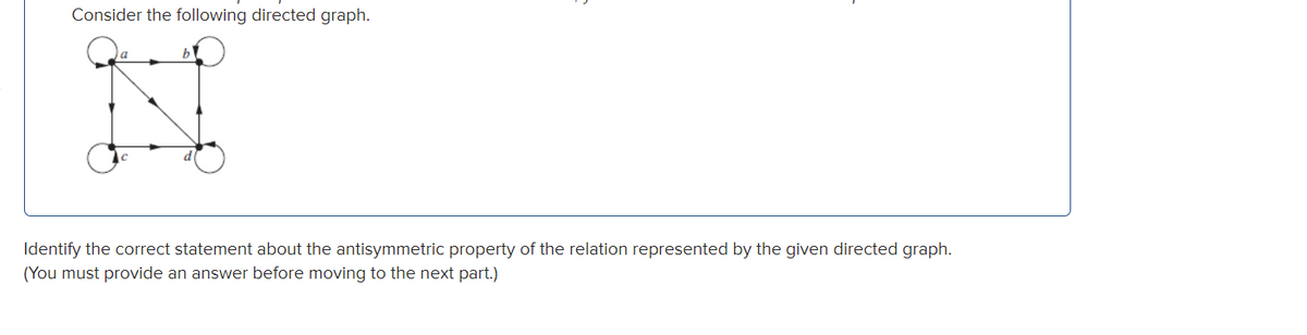 Consider the following directed graph.
b
Identify the correct statement about the antisymmetric property of the relation represented by the given directed graph.
(You must provide an answer before moving to the next part.)
