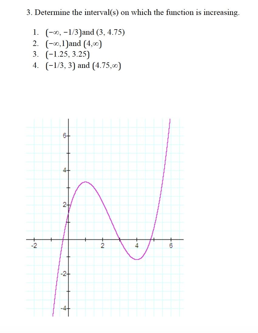 3. Determine the interval(s) on which the function is increasing.
1. (-00, -1/3)and (3, 4.75)
2. (-00,1)and (4,00)
3. (-1.25, 3.25)
4. (-1/3, 3) and (4.75,0)
2+
