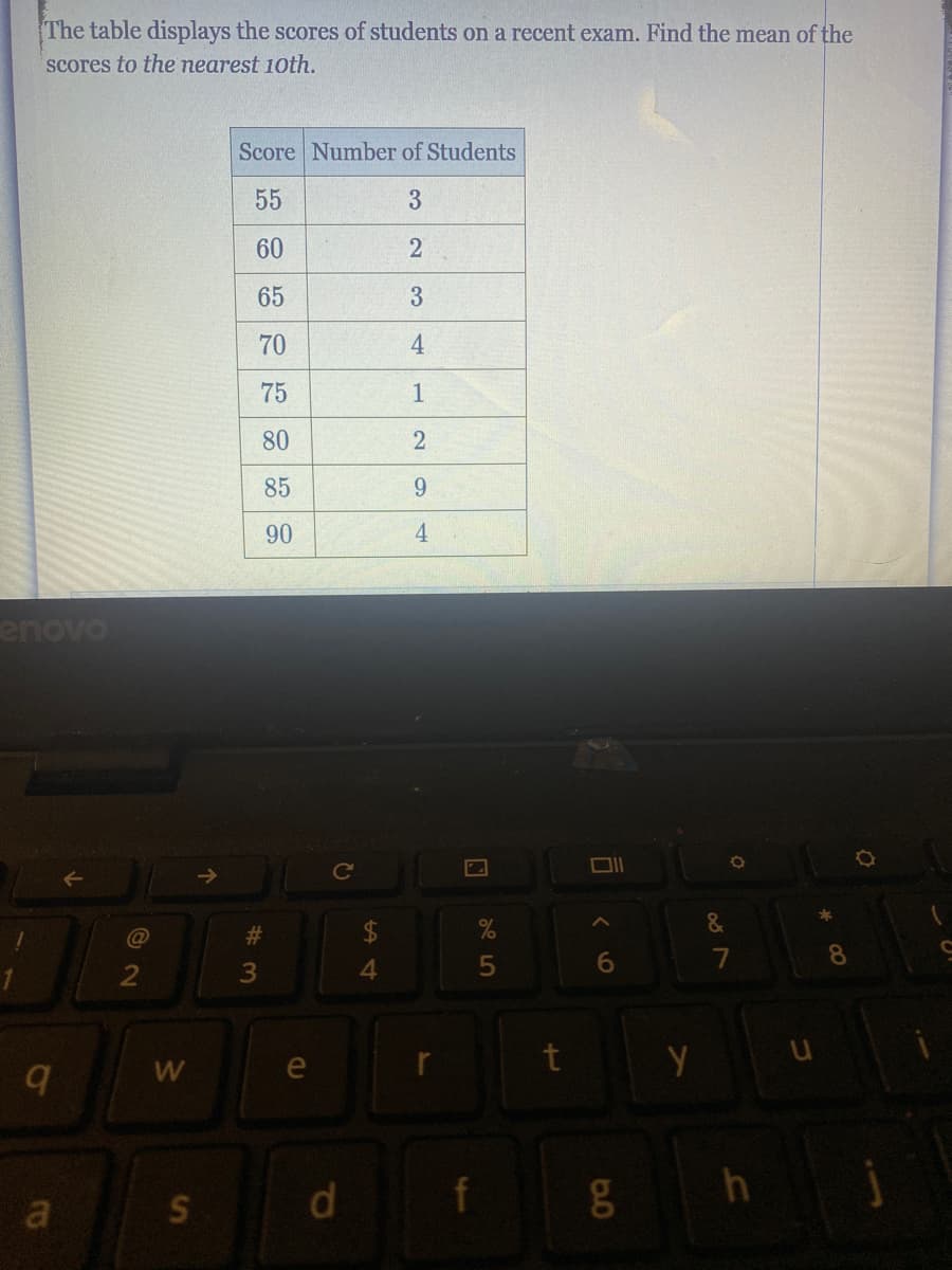 The table displays the scores of students on a recent exam. Find the mean of the
scores to the nearest 10th.
Score Number of Students
55
3
60
65
3
70
4
75
1
80
2
85
6.
90
4.
enovo
&
23
4.
6.
8
t
d.
gh
a
