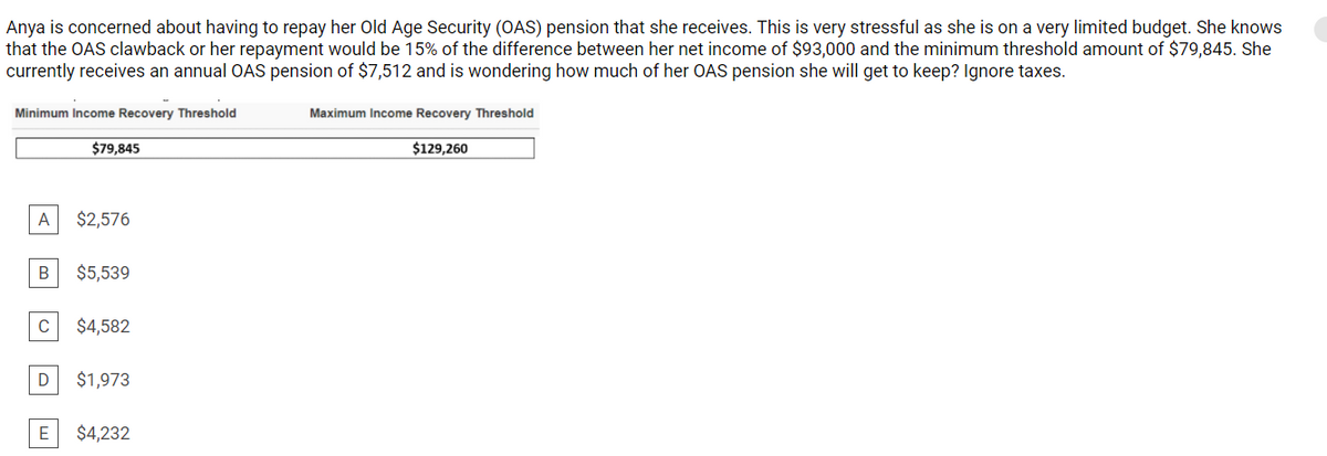 Anya is concerned about having to repay her Old Age Security (OAS) pension that she receives. This is very stressful as she is on a very limited budget. She knows
that the OAS clawback or her repayment would be 15% of the difference between her net income of $93,000 and the minimum threshold amount of $79,845. She
currently receives an annual OAS pension of $7,512 and is wondering how much of her OAS pension she will get to keep? Ignore taxes.
Minimum Income Recovery Threshold
Maximum Income Recovery Threshold
$79,845
$129,260
A
$2,576
В
$5,539
C
$4,582
$1,973
E
$4,232
