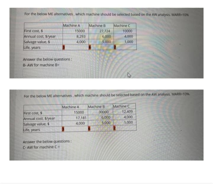 For the below ME alternatives, which machine should be selected based on the AW analysis. MARR-10%
Machine B
27,724
6,000
Machine A
Machine C
First cost, $
15000
10000
Annual cost, S/year
Salvage value, $
Life, years
8,293
4,000
4,000
5,000
1,000
Answer the below questions:
B- AW for machine B=
For the below ME alternatives, which machine should be selected based on the AW analysis. MARR 10%.
Machine A
15000
Machine B
Machine C
12,409
30000
First cost, $
Annual cost, $/year
Salvage value, $
Life, years
17,181
6,000
4,000
4,000
5.000
1,000
Answer the below questions:
C- AW for machine C=
