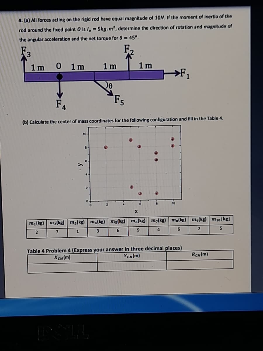 4. (a) All forces acting on the rigid rod have equal magnitude of 10N. If the monent of inertia of the
rod around the fixed point 0 is I, = 5kg.m?, determine the direction of rotation and magnitude of
the angular acceleration and the net torque for 0 = 45º.
F,
3.
1 m
0 1m
1 m
1m
1
F4
F5
(b) Calculate the center of mass coordinates for the following configuration and fill in the Table 4.
10-
6.
10
m¡(kg) m2(kg) m3(kg) m,(kg) m5(kg) m(kg) m,(kg) ma(kg) mg(kg) m10(kg)
3.
6.
4.
6
2
1
Table 4 Problem 4 (Express your answer in three decimal places)
YCM(m)
RCN(m)
XCM (m)
