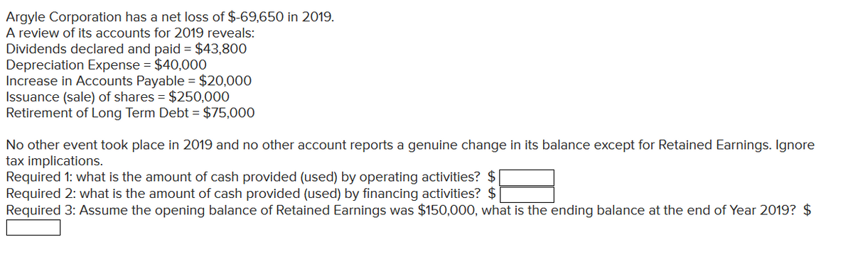 Argyle Corporation has a net loss of $-69,650 in 2019.
A review of its accounts for 2019 reveals:
Dividends declared and paid = $43,800
Depreciation Expense = $40,000
Increase in Accounts Payable = $20,000
Issuance (sale) of shares = $250,000
Retirement of Long Term Debt = $75,000
No other event took place in 2019 and no other account reports a genuine change in its balance except for Retained Earnings. Ignore
tax implications.
Required 1: what is the amount of cash provided (used) by operating activities? $
Required 2: what is the amount of cash provided (used) by financing activities? $
Required 3: Assume the opening balance of Retained Earnings was $150,000, what is the ending balance at the end of Year 2019? $