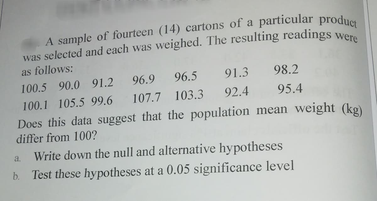 A sample of fourteen (14) cartons of a particular produc
was selected and each was weighed. The resulting readings wer
as follows:
100.5 90.0 91.2 96.9
96.5 91.3
98.2
100.1 105.5 99.6 107.7 103.3
92.4
95.4
Does this data suggest that the population mean weight (ke)
differ from 100?
Write down the null and alternative hypotheses
b. Test these hypotheses at a 0.05 significance level
a.
