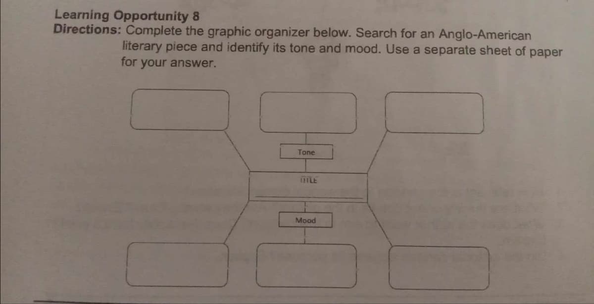 Learning Opportunity 8
Directions: Complete the graphic organizer below. Search for an Anglo-American
literary piece and identify its tone and mood. Use a separate sheet of paper
for your answer.
Tone
TITLE
Mood