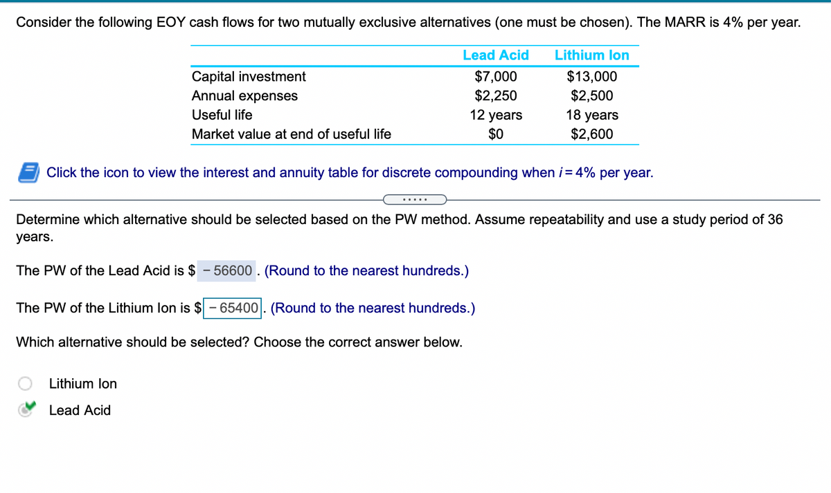 Consider the following EOY cash flows for two mutually exclusive alternatives (one must be chosen). The MARR is 4% per year.
Lead Acid
Lithium lon
Capital investment
Annual expenses
$7,000
$2,250
12 years
$0
$13,000
$2,500
18 years
$2,600
Useful life
Market value at end of useful life
Click the icon to view the interest and annuity table for discrete compounding when i= 4% per year.
Determine which alternative should be selected based on the PW method. Assume repeatability and use a study period of 36
years.
The PW of the Lead Acid is $ - 56600 . (Round to the nearest hundreds.)
The PW of the Lithium lon is $
65400. (Round to the nearest hundreds.)
Which alternative should be selected? Choose the correct answer below.
Lithium lon
Lead Acid
