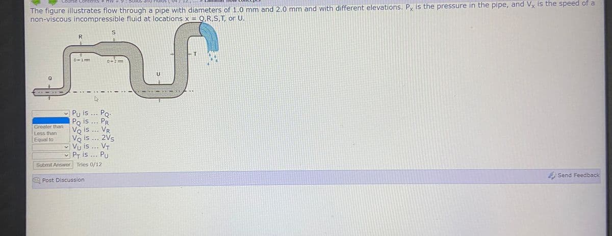 Course Contents »
The figure illustrates flow through a pipe with diameters of 1.0 mm and 2.0 mm and with different elevations. Py is the pressure in the pipe, and Vy is the speed of a
non-viscous incompressible fluid at locations x = Q,R,S,T, or U.
# ME
D=1 mm
D= 2 mm
U
Q
Pu is
PR
PQ
...
Po is
Vo is ... VR
Vo is .. 2Vs
v Vụ is ... VT
P- is ... Pu
Greater than
Less than
Equal to
Submit Answer
Tries 0/12
Send Feedback
Post Discussion
