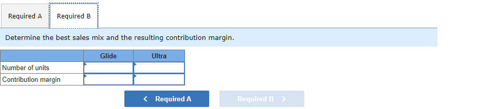 Required A Required B
Determine the best sales mix and the resulting contribution margin.
Glide
Number of units
Contribution margin
Ultra
< Required A
Required B >