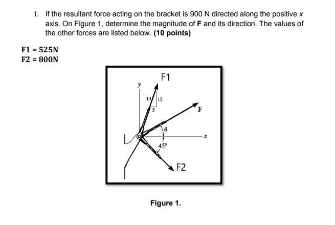 1. If the resultant force acting on the bracket is 900 N directed along the positive x
axis. On Figure 1, determine the magnitude of F and its direction. The values of
the other forces are listed below. (10 points)
F1 = 525N
F2 = 800N
F1
13 12
'5
F2
Figure 1.
