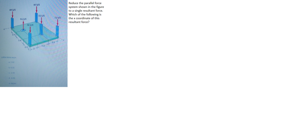 Reduce the parallel force
system shown in the figure
to a single resultant force.
Which of the following is
40 kN
48 kN
32 kN
72 kN
the x coordinate of this
64 kN
resultant force?
56 kN
2.4
3.6
2.8
Lutfen birini seçin
a. 2.92
b. 6.33
C-2.92
d. -6.33
e. Hiçbiri

