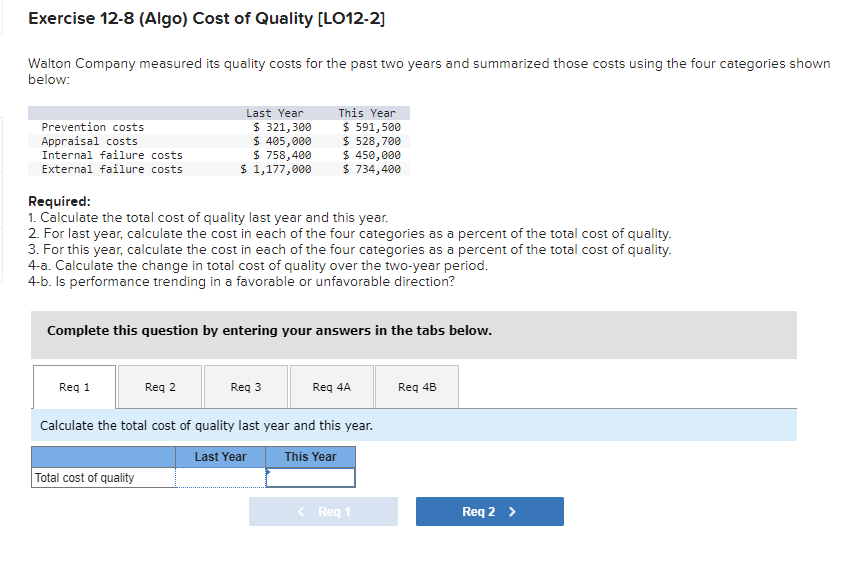 Exercise 12-8 (Algo) Cost of Quality [LO12-2]
Walton Company measured its quality costs for the past two years and summarized those costs using the four categories shown
below:
Prevention costs
Appraisal costs
Internal failure costs
External failure costs
Required:
1. Calculate the total cost of quality last year and this year.
2. For last year, calculate the cost in each of the four categories as a percent of the total cost of quality.
Last Year
$ 321,300
$ 405,000
$ 758,400
$ 1,177,000
3. For this year, calculate the cost in each of the four categories as a percent of the total cost of quality.
4-a. Calculate the change in total cost of quality over the two-year period.
4-b. Is performance trending in a favorable or unfavorable direction?
Req 1
Complete this question by entering your answers in the tabs below.
This Year
$ 591,500
$ 528,700
$ 450,000
$734,400
Req 2
Total cost of quality
Req 3
Req 4A
Calculate the total cost of quality last year and this year.
Last Year
This Year
< Req 1
Req 4B
Req 2 >