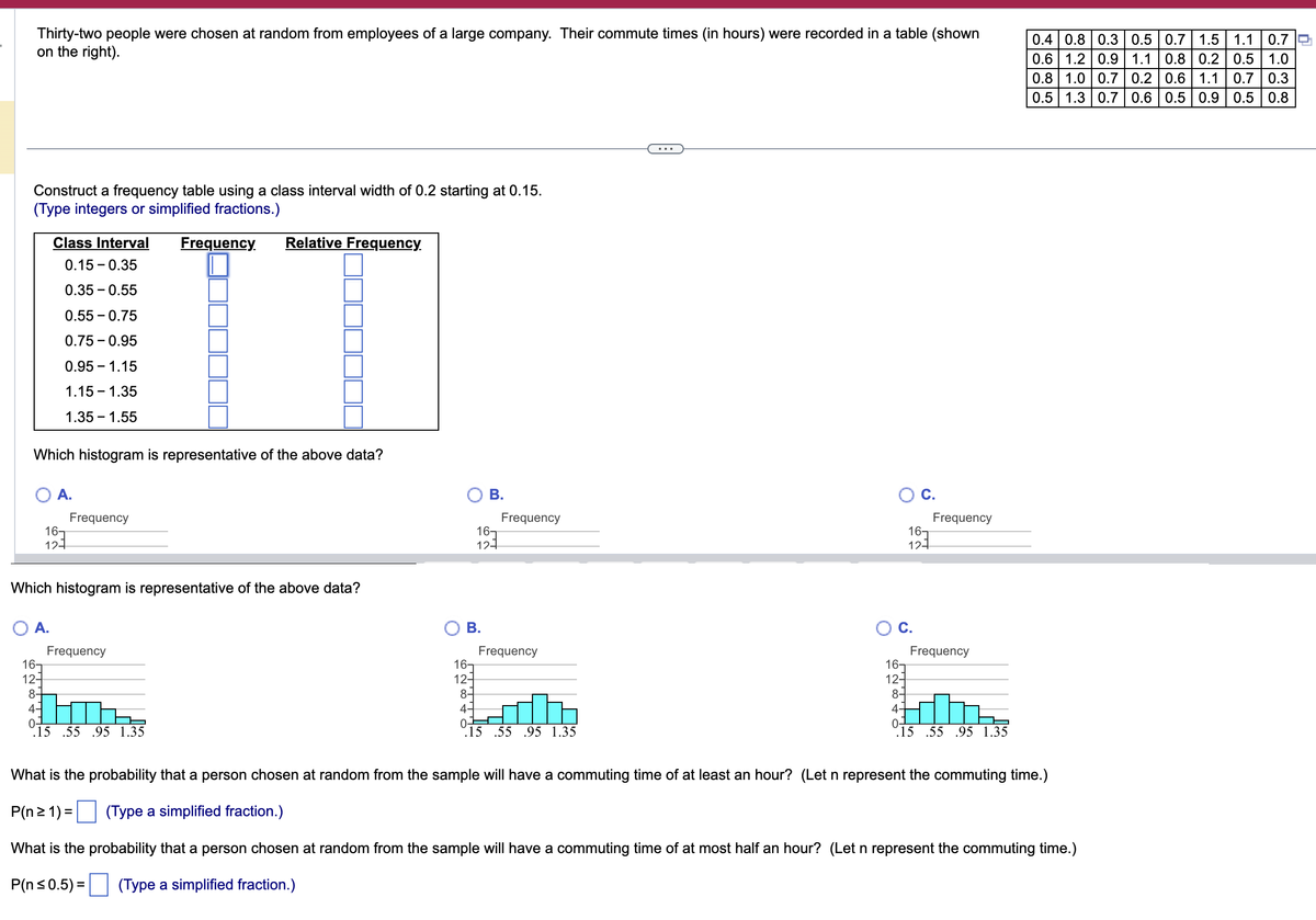 Thirty-two people were chosen at random from employees of a large company. Their commute times (in hours) were recorded in a table (shown
on the right).
Construct a frequency table using a class interval width of 0.2 starting at 0.15.
(Type integers or simplified fractions.)
Class Interval Frequency. Relative Frequency.
0.15-0.35
0.35 0.55
0.55-0.75
A.
0.75 -0.95
0.95 - 1.15
1.15-1.35
1.35 -1.55
Which histogram is representative of the above data?
A.
16
12]
Frequency
Which histogram is representative of the above data?
Frequency
16-
12-
8-
4-
0-
15 55 95 1.35
B.
16
12-1
B.
Frequency
Frequency
16
12-
8-
4-
0-
15 55 95 1.35
16-
127
O C.
16-
12-
8-
Frequency
Frequency
15 55 95 1.35
0.4 0.8 0.3 0.5 0.7 1.5 1.1
0.7
0.6 1.2 0.9 1.1 0.8 0.2 0.5 1.0
0.8 1.0 0.7 0.2 0.6 1.1 0.7 0.3
0.5 1.3 0.7 0.6 0.5 0.9 0.5 0.8
What is the probability that a person chosen at random from the sample will have a commuting time of at least an hour? (Let n represent the commuting time.)
P(n ≥ 1) = (Type a simplified fraction.)
What is the probability that a person chosen at random from the sample will have a commuting time of at most half an hour? (Let n represent the commuting time.)
P(n ≤ 0.5)= (Type a simplified fraction.)